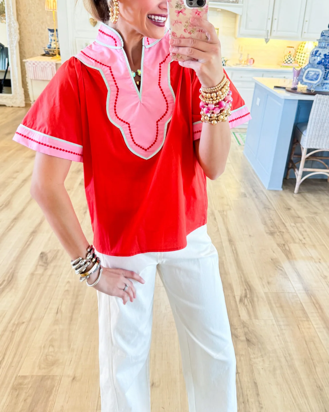 Coral and Pink Wide Sleeve V Neck Top