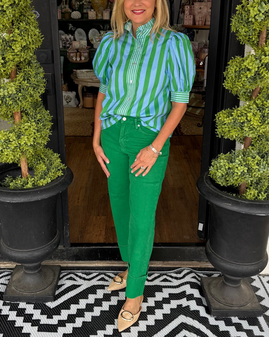 Vibrant Stripe Puff Sleeve Button-Down Blouse