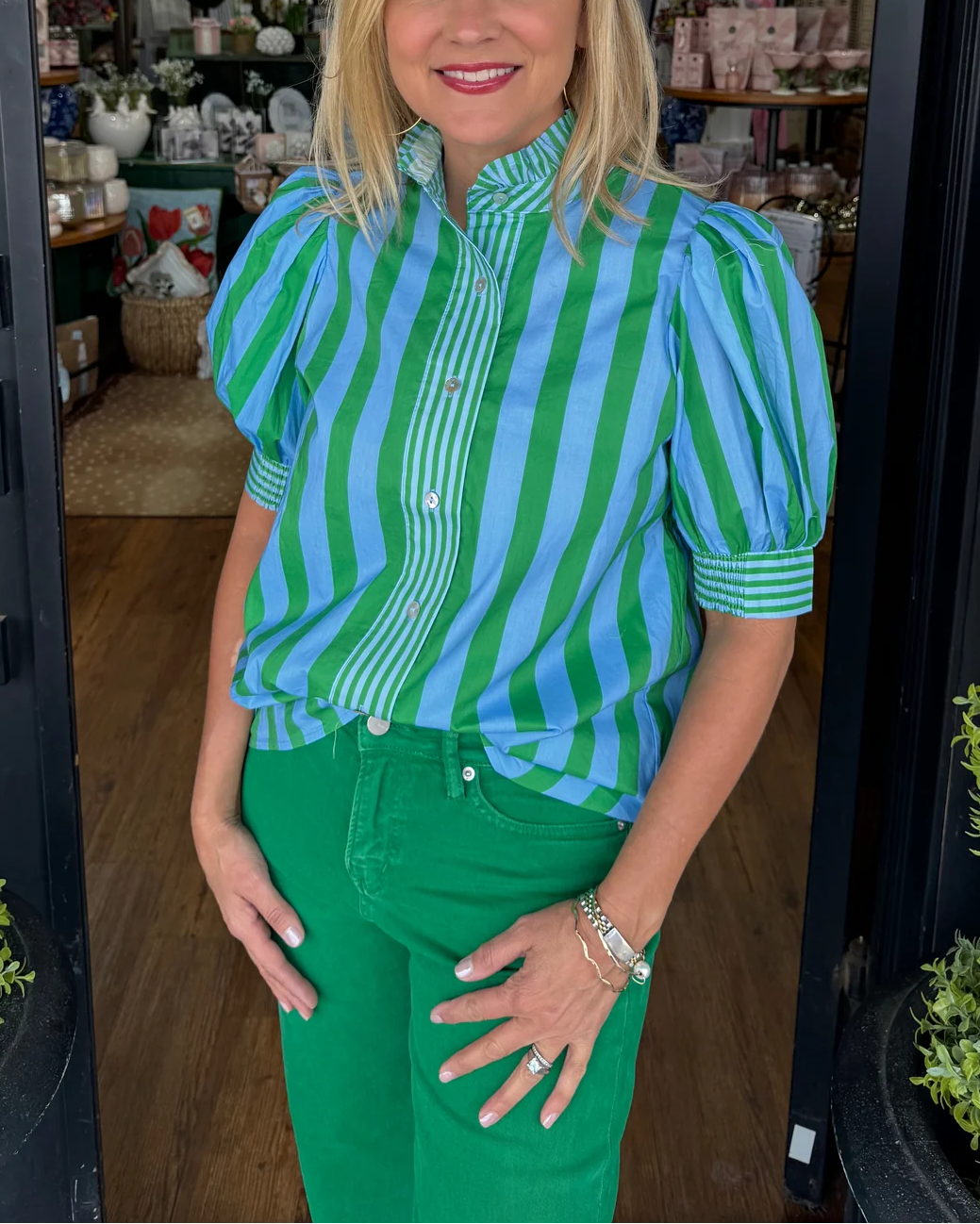 Vibrant Stripe Puff Sleeve Button-Down Blouse