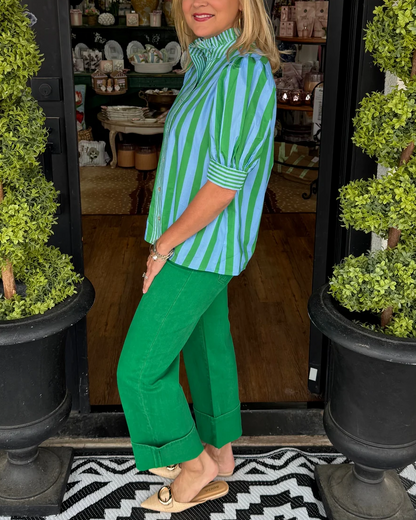 Vibrant Stripe Puff Sleeve Button-Down Blouse