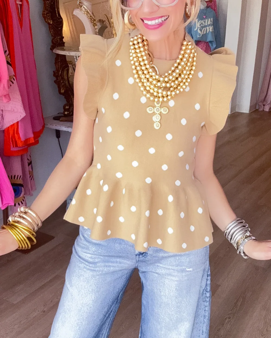 Taupe and White Polka Dot Knit Top