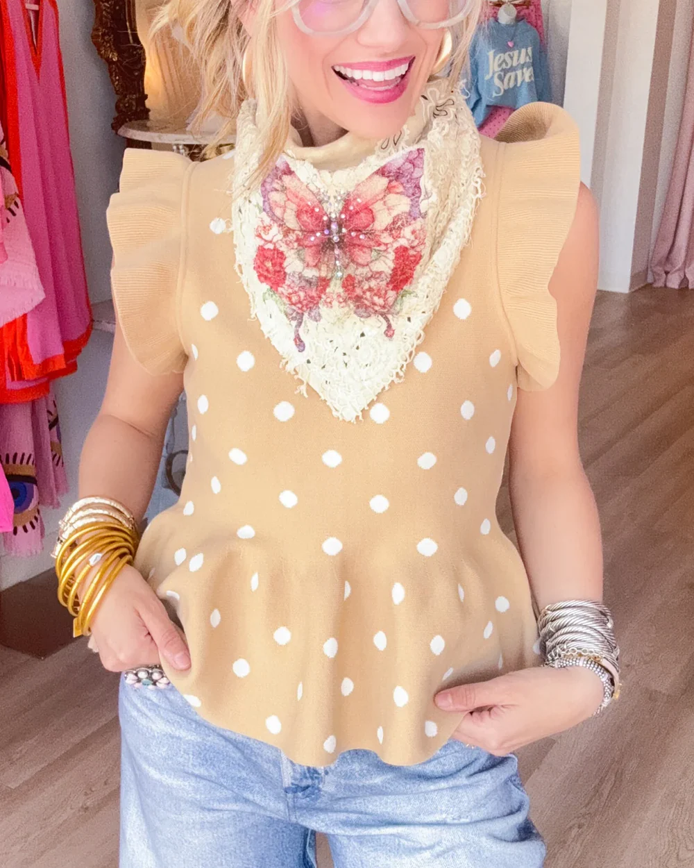 Taupe and White Polka Dot Knit Top