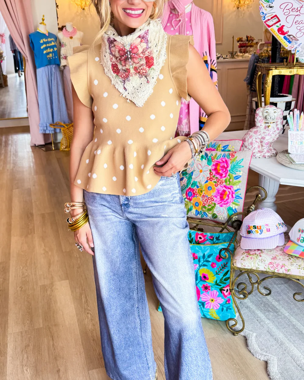 Taupe and White Polka Dot Knit Top