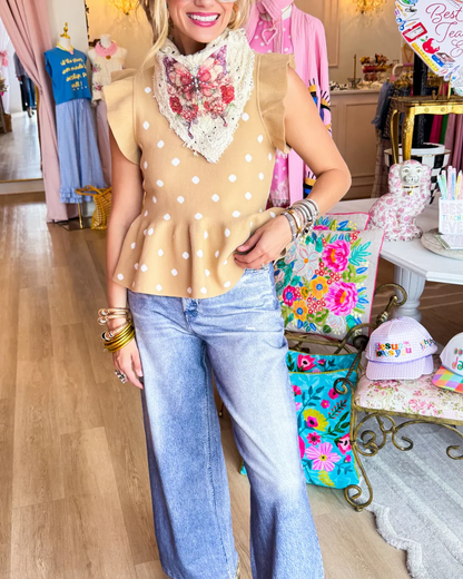 Taupe and White Polka Dot Knit Top