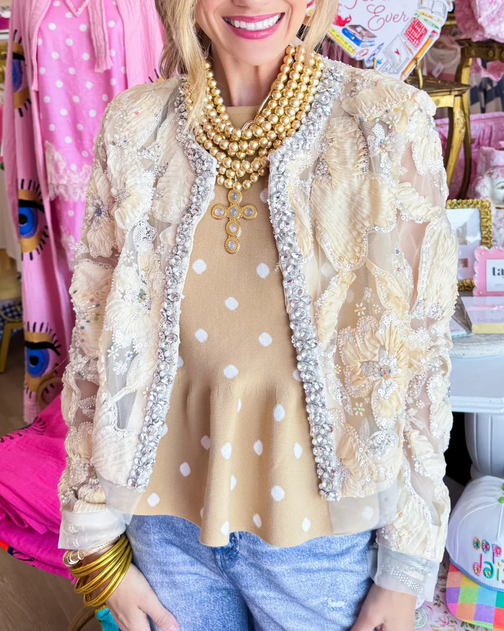 Sparkle & Bloom Embellished Sheer Bomber Jacket