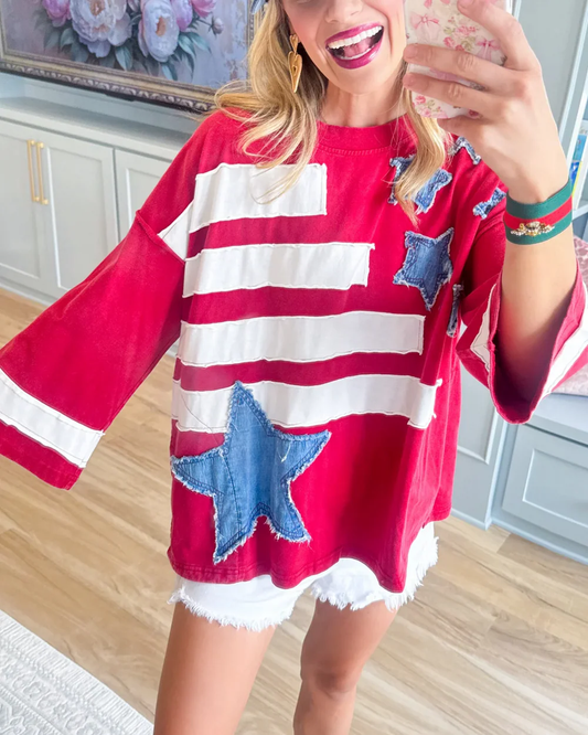 USA Flag Patchwork Oversized Top
