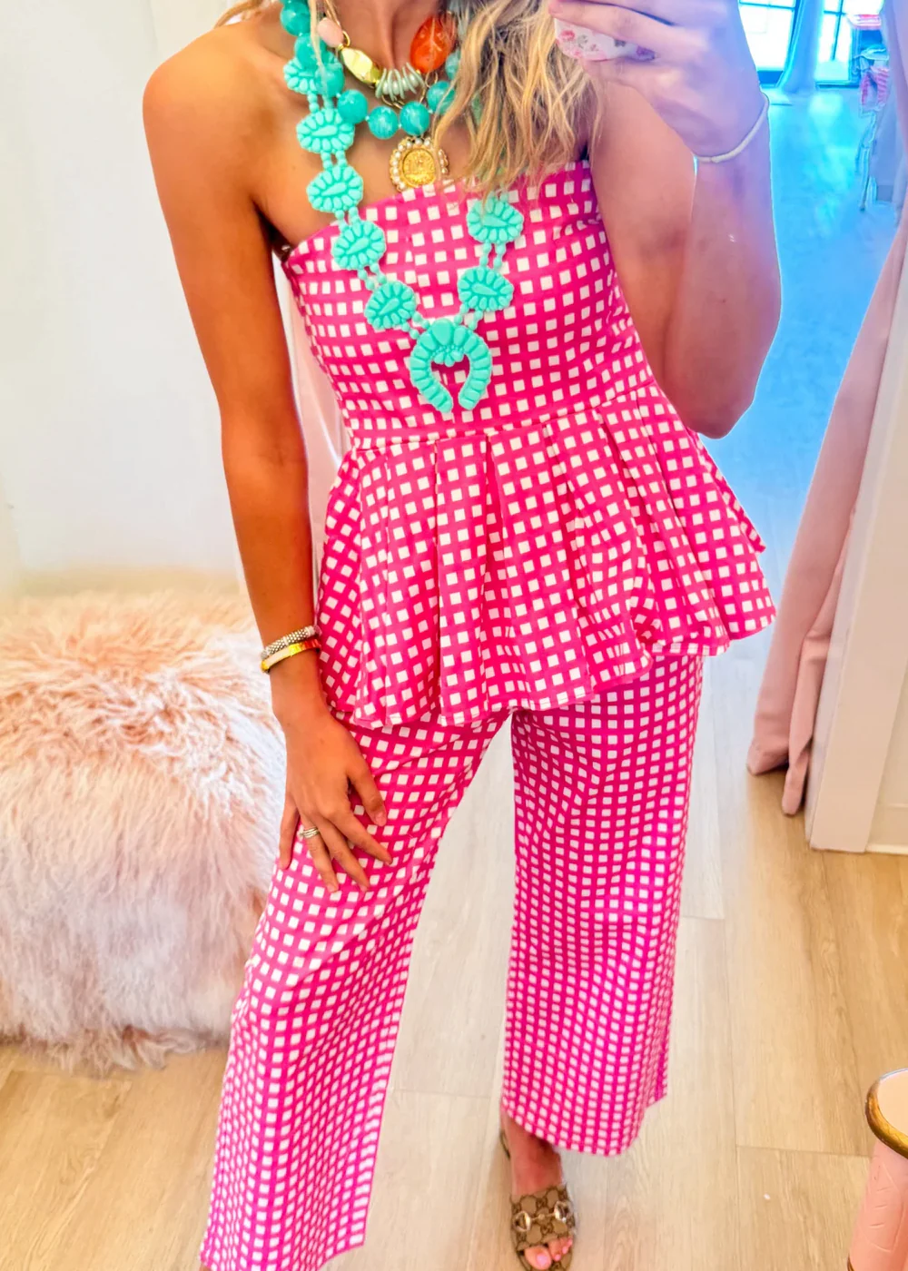 Pink Gingham Strapless Peplum Top