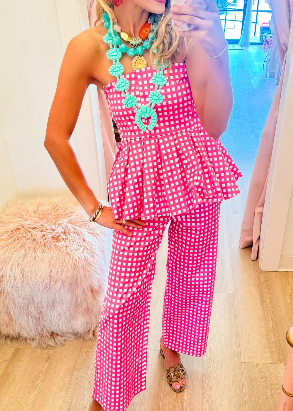 Pink Gingham Strapless Peplum Top