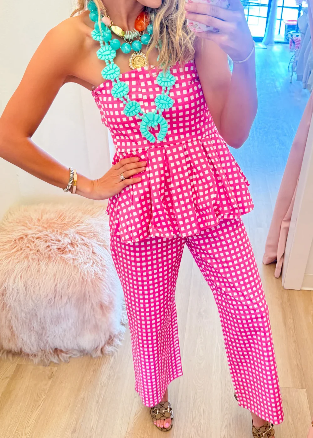 Pink Gingham Strapless Peplum Top
