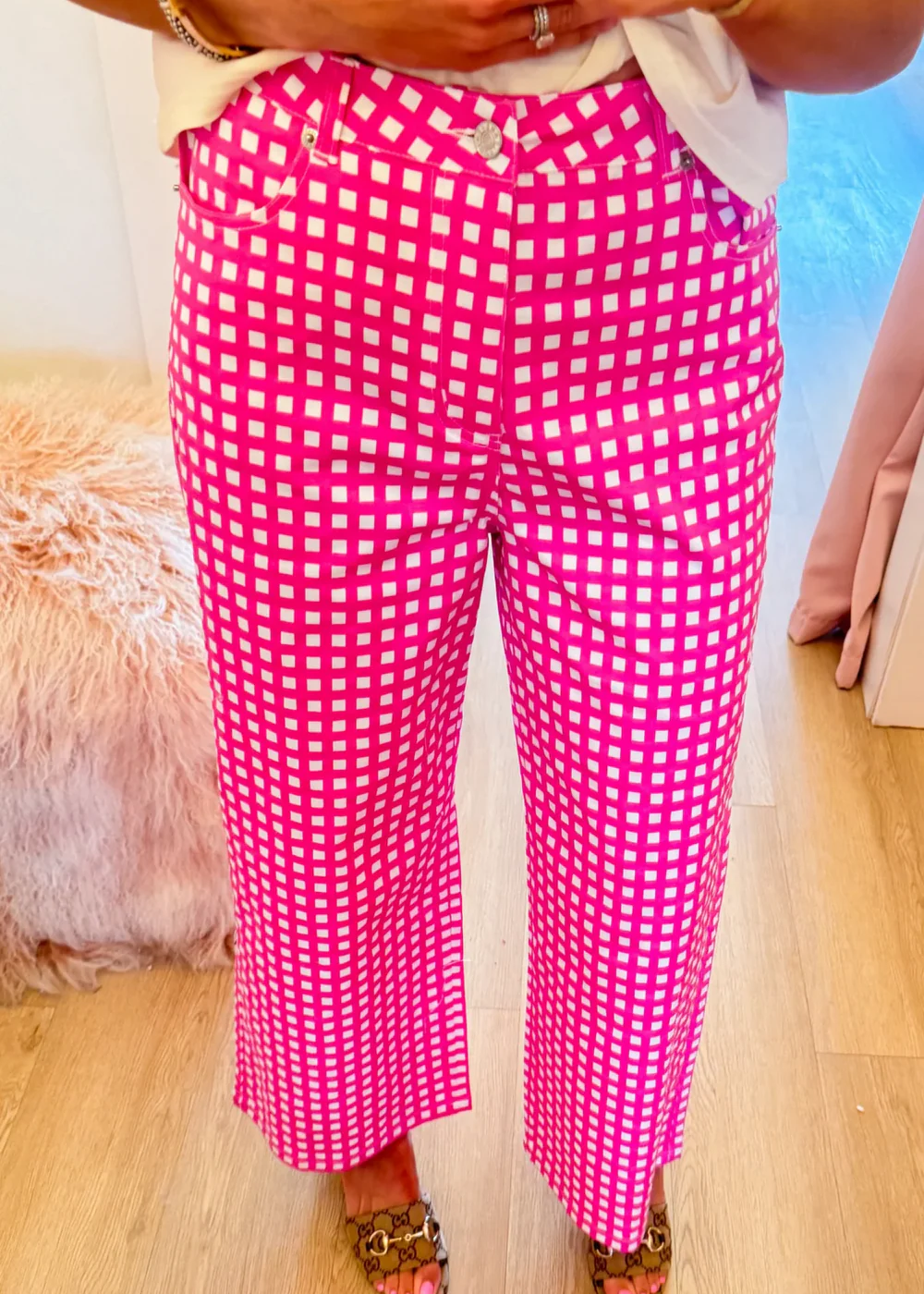Pink Gingham High-Waist Wide-Leg Pants