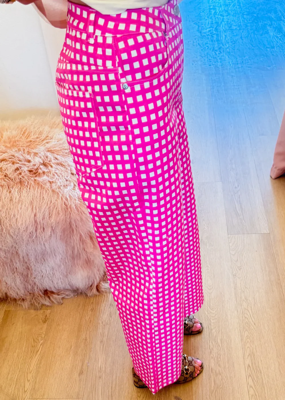 Pink Gingham High-Waist Wide-Leg Pants