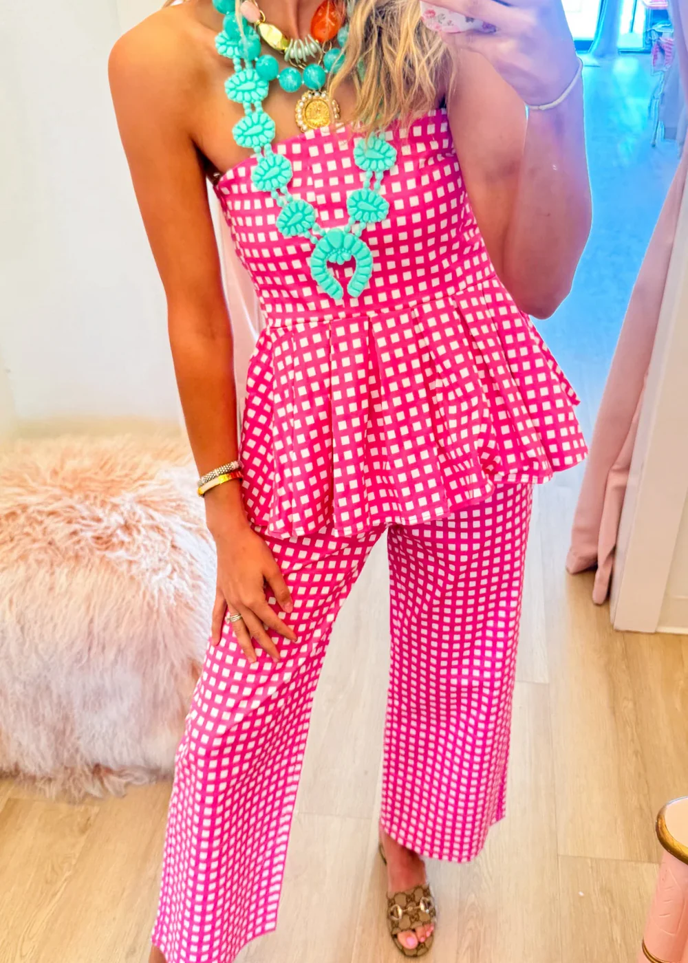 Pink Gingham High-Waist Wide-Leg Pants