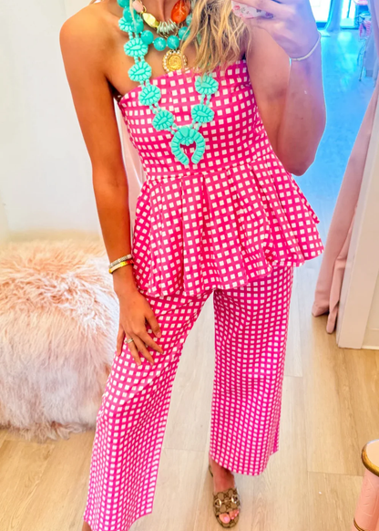 Pink Gingham High-Waist Wide-Leg Pants