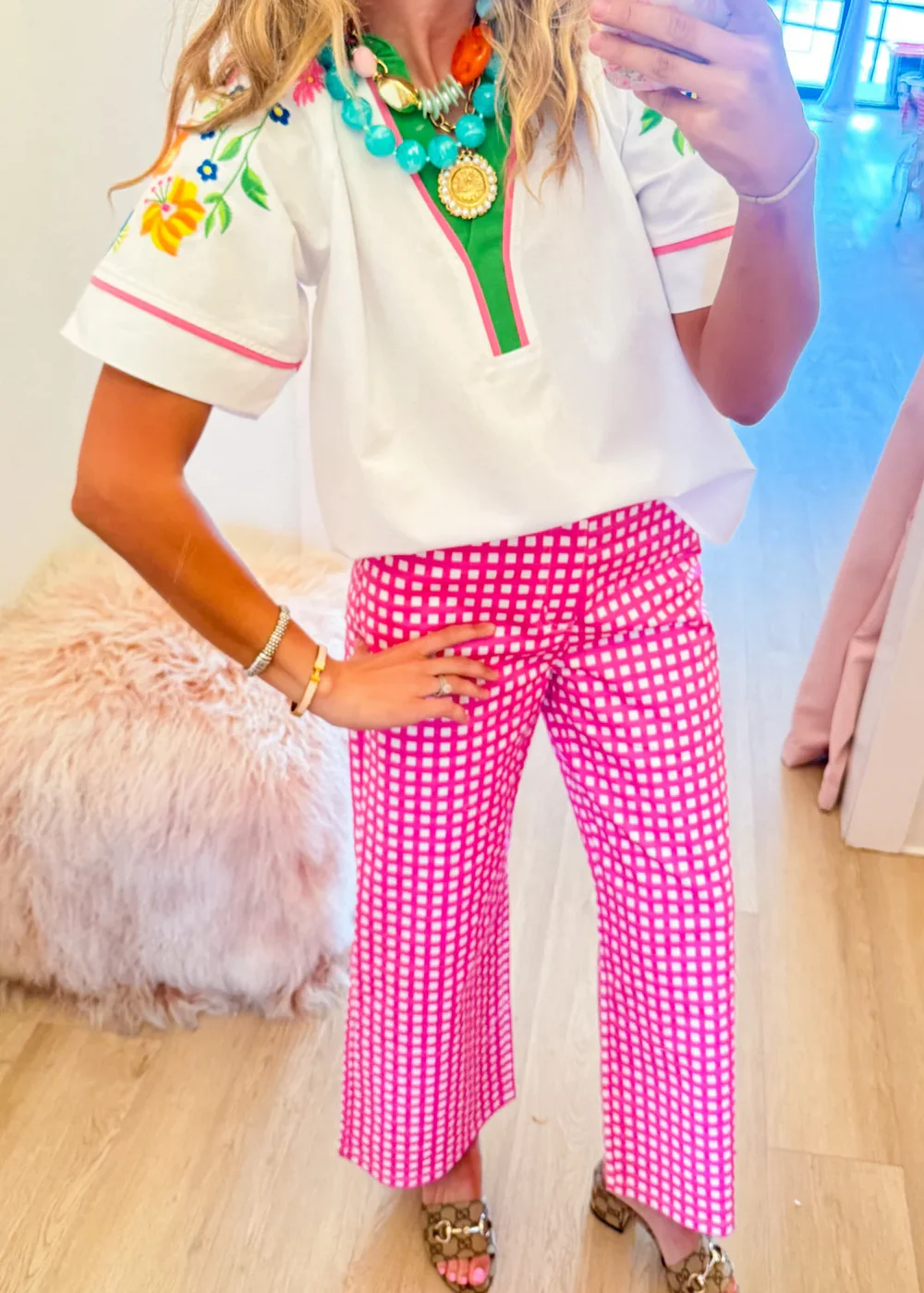 Pink Gingham High-Waist Wide-Leg Pants