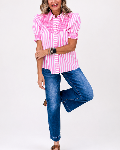 Striped Smocked Puff Sleeve Button Blouse