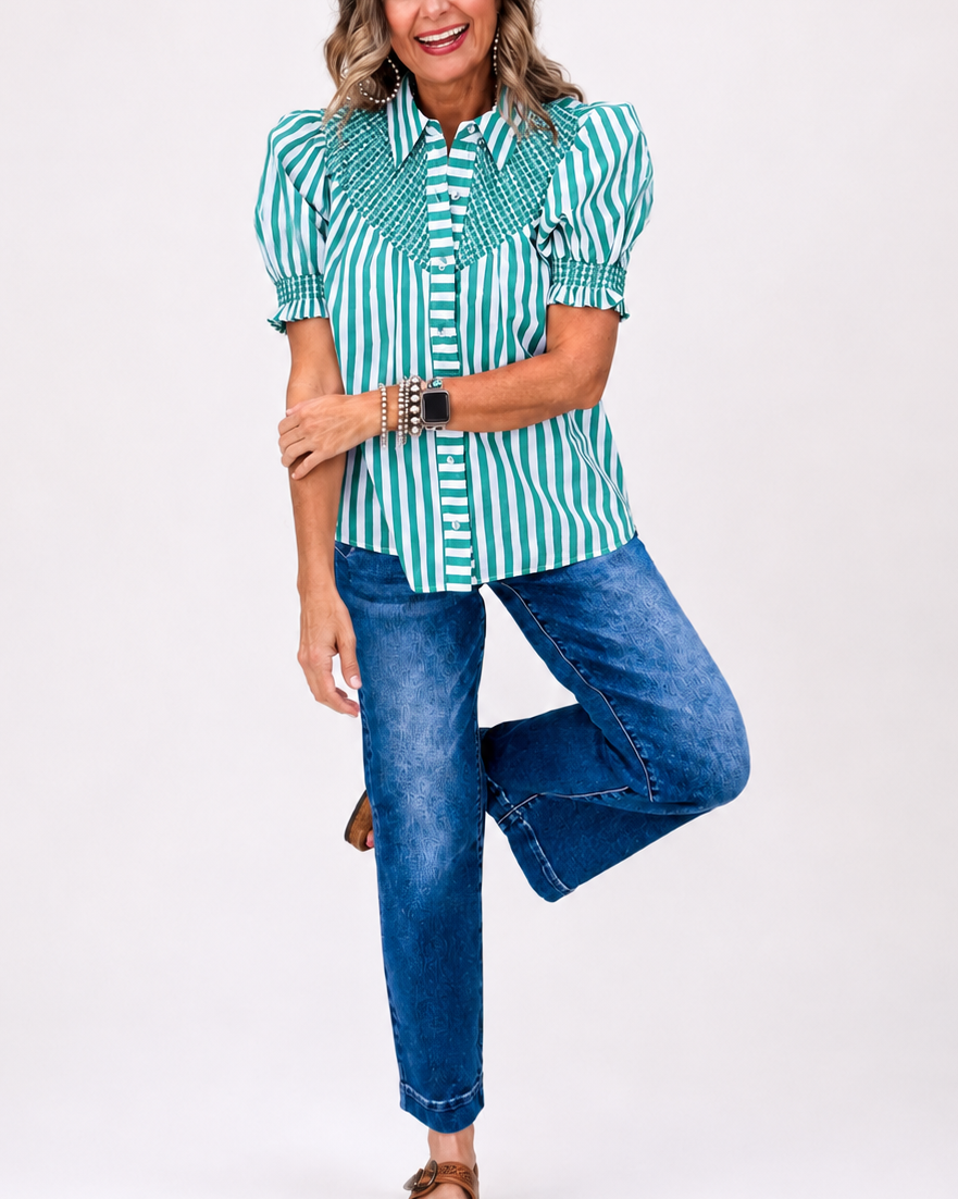 Striped Smocked Puff Sleeve Button Blouse