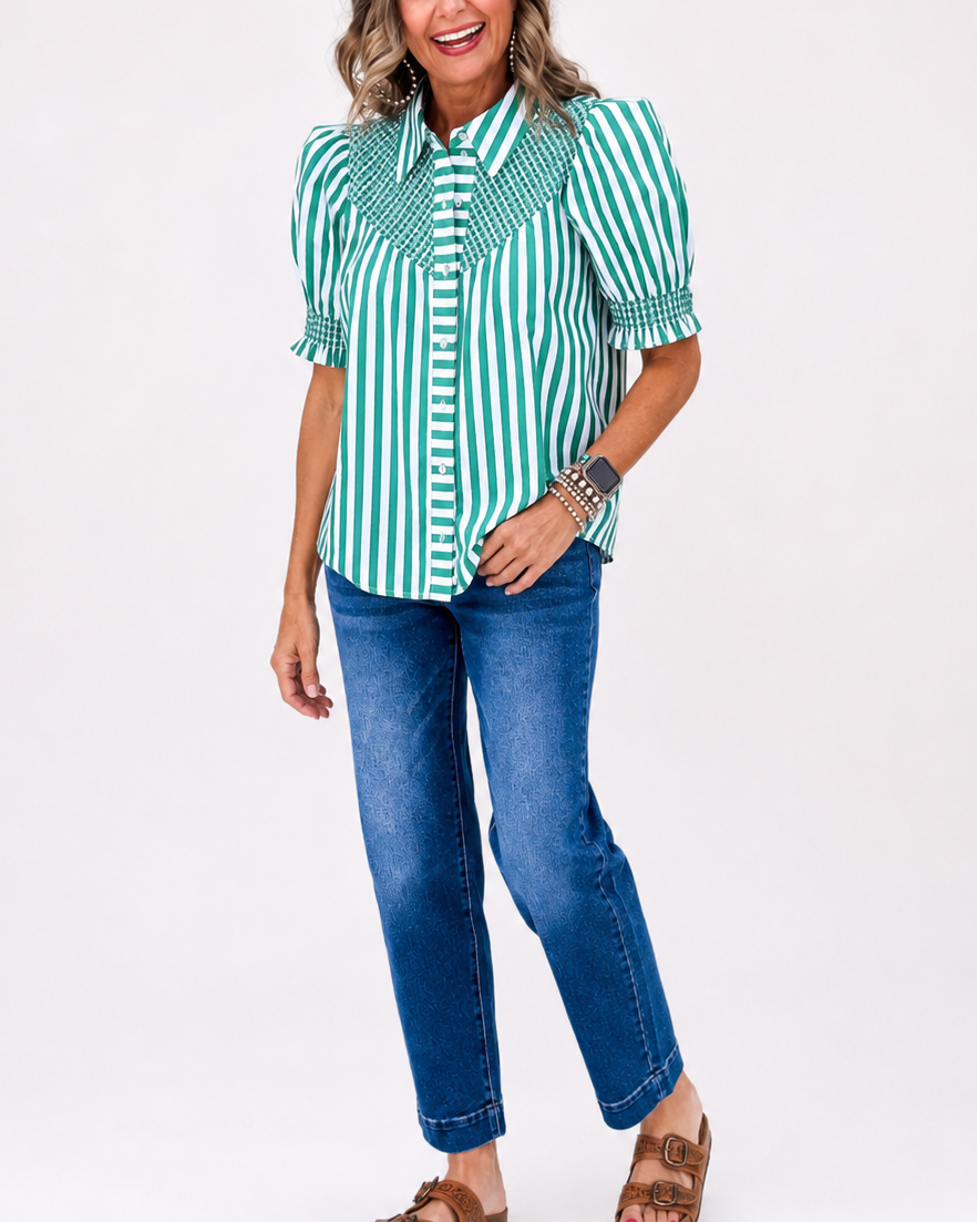 Striped Smocked Puff Sleeve Button Blouse