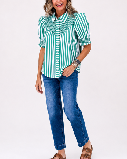 Striped Smocked Puff Sleeve Button Blouse