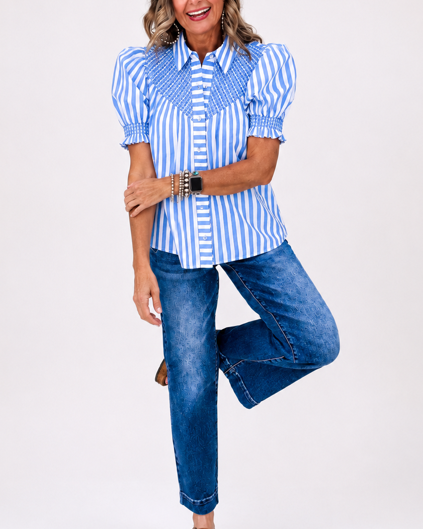 Striped Smocked Puff Sleeve Button Blouse