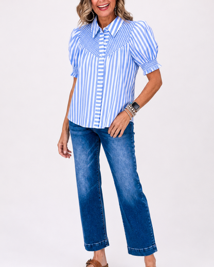 Striped Smocked Puff Sleeve Button Blouse