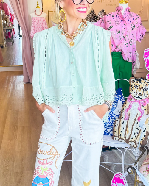 Airy Floral-Cutout Button-Front Swing Blouse