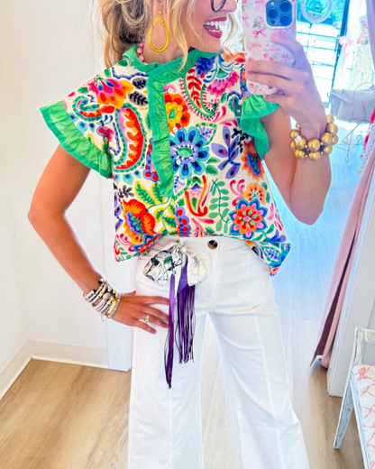 Colorful Floral Ruffle-Trim Stand-Collar Blouse