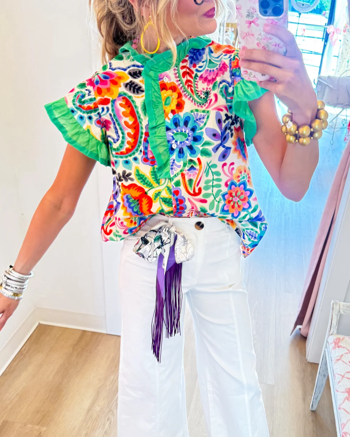 Colorful Floral Ruffle-Trim Stand-Collar Blouse
