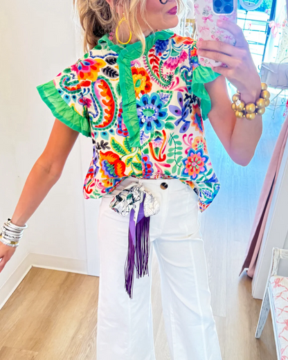 Colorful Floral Ruffle-Trim Stand-Collar Blouse
