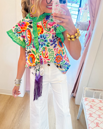 Colorful Floral Ruffle-Trim Stand-Collar Blouse