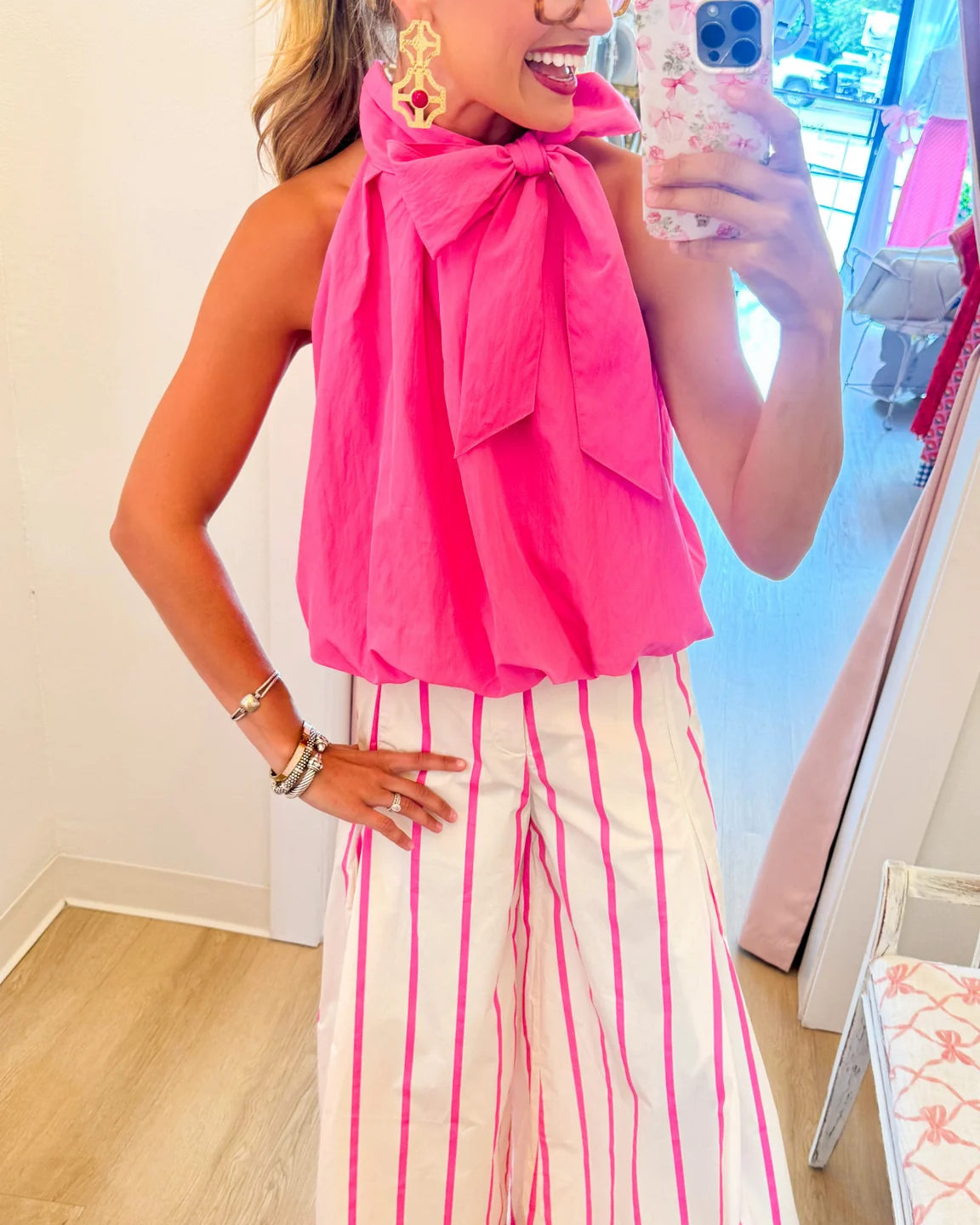 Hot Pink Oversized Bow Bubble Hem Sleeveless Top