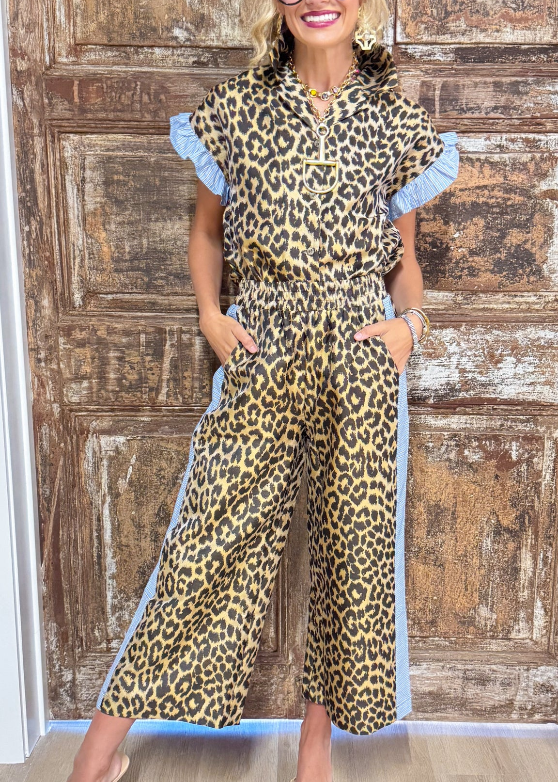 Savanna Stripe Leopard Ruffle Two-Piece Set