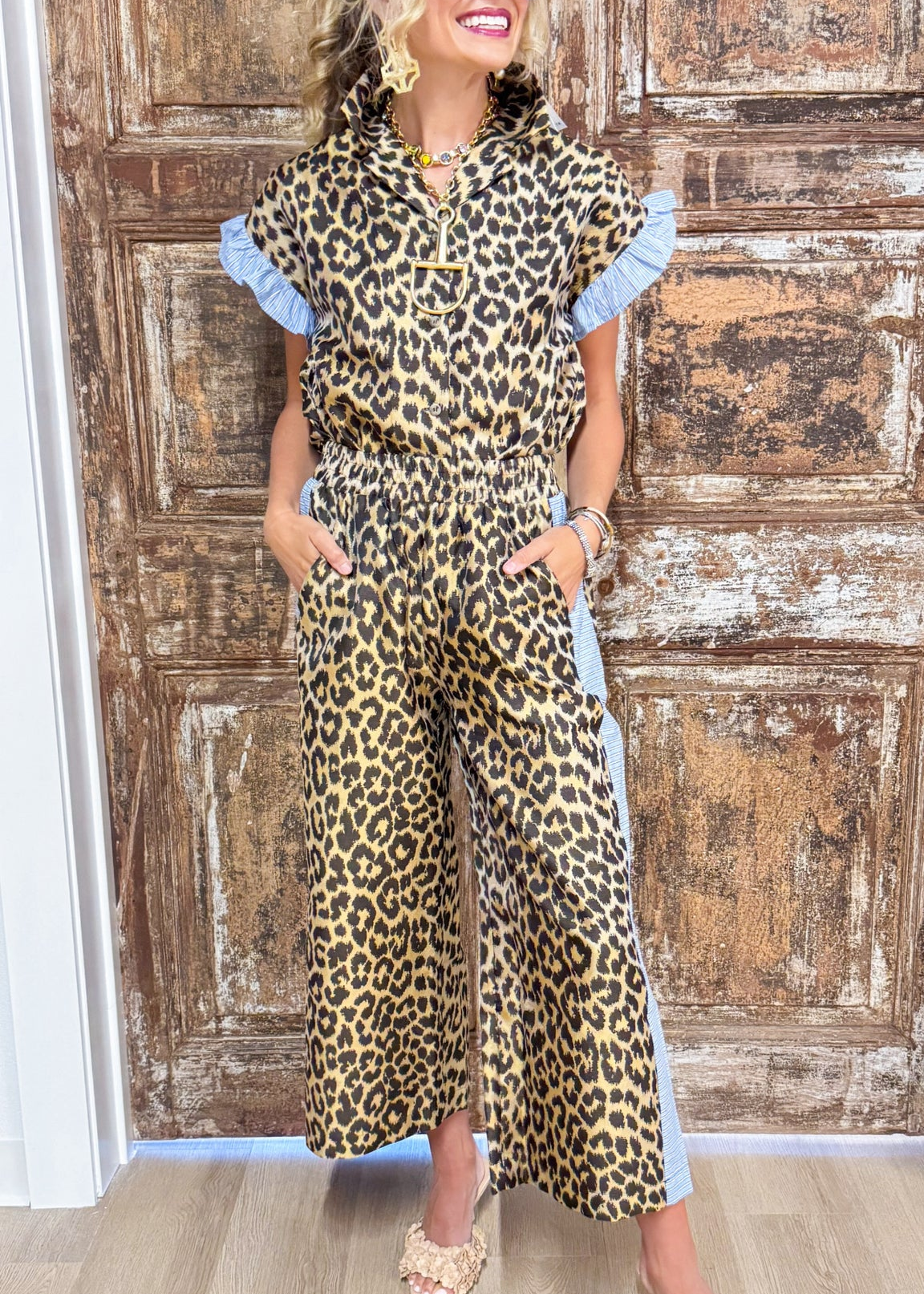 Savanna Stripe Leopard Ruffle Two-Piece Set