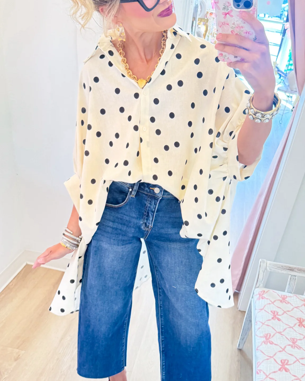 Ivory Polka Dot Oversized High-Low Button-Up Shirt