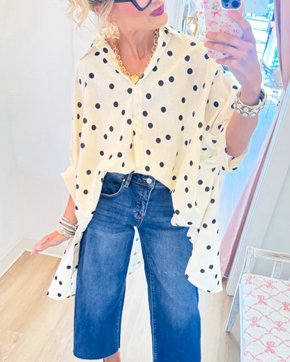 Ivory Polka Dot Oversized High-Low Button-Up Shirt