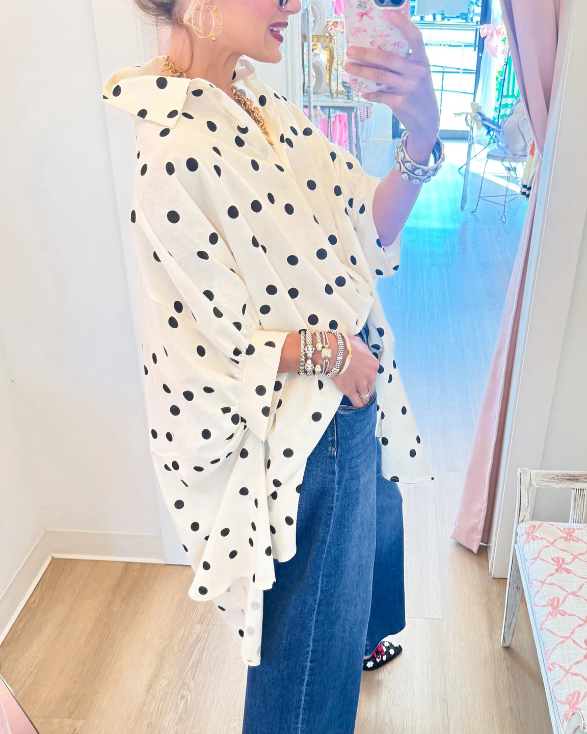 Ivory Polka Dot Oversized High-Low Button-Up Shirt