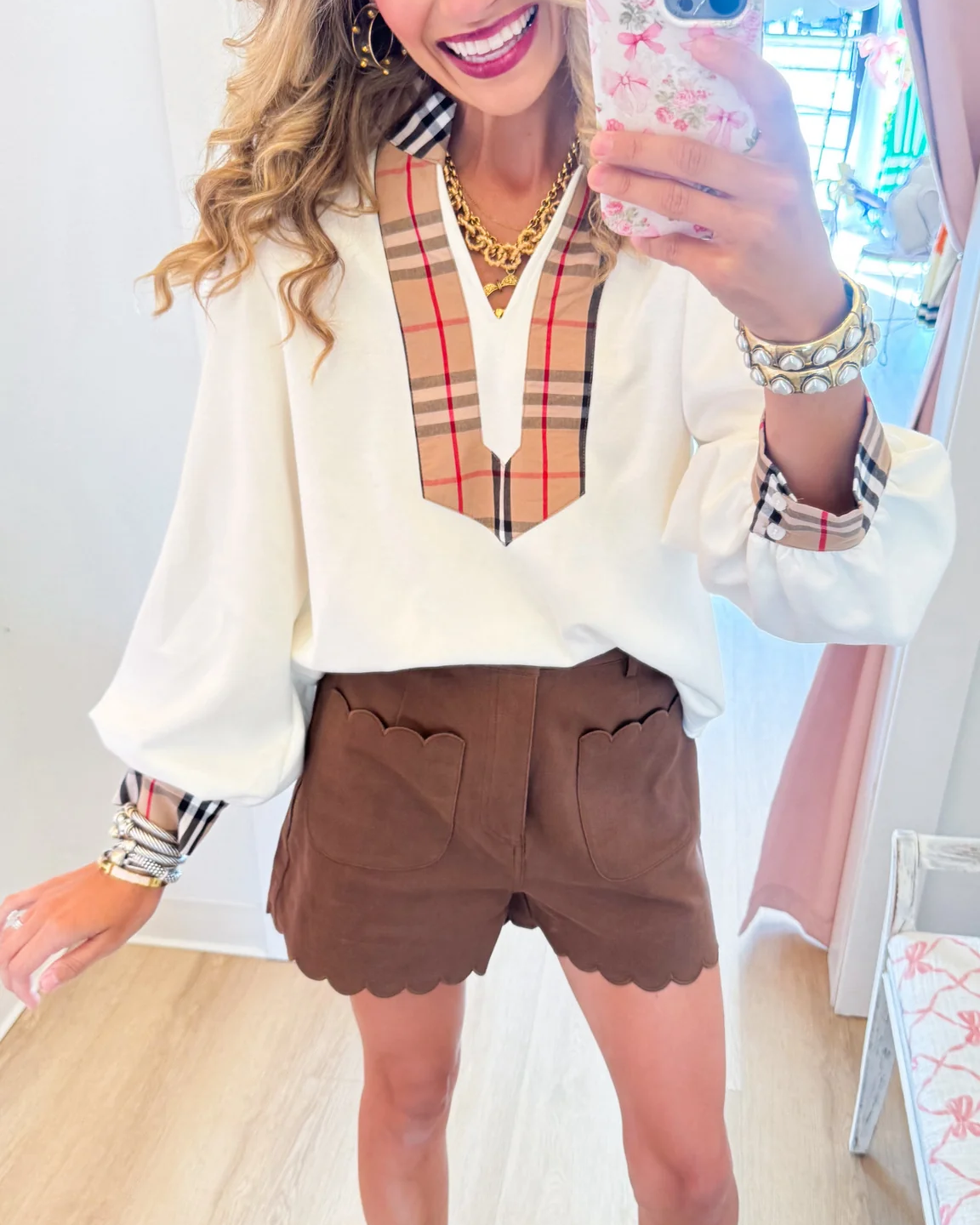 Ivory Heritage Plaid Trim Balloon Sleeve Blouse