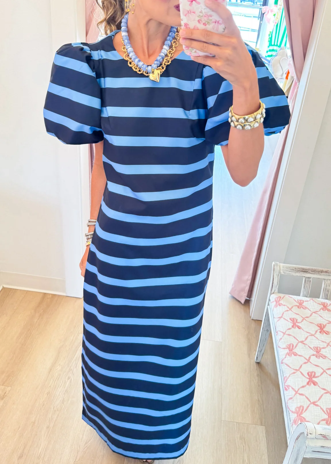 Navy Sky Stripe Puff Sleeve Maxi Dress