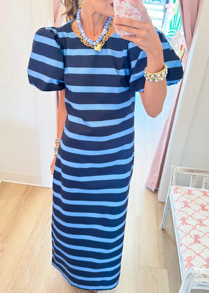 Navy Sky Stripe Puff Sleeve Maxi Dress