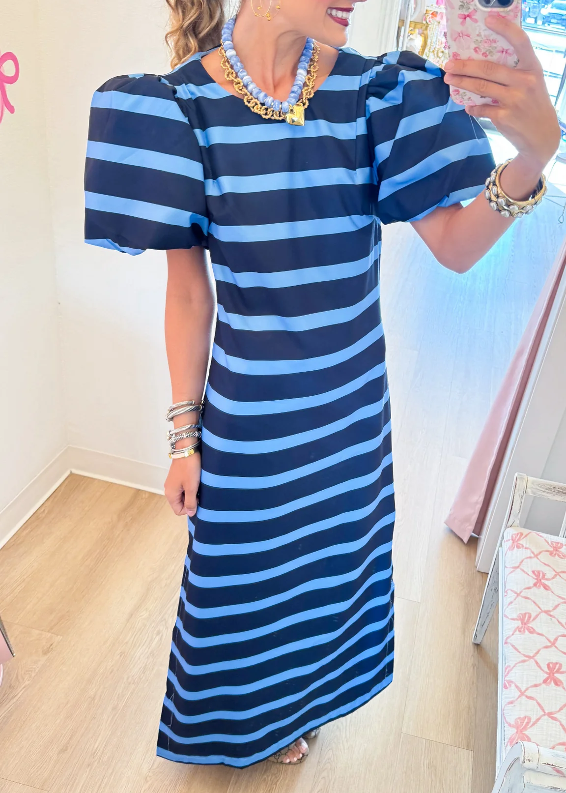 Navy Sky Stripe Puff Sleeve Maxi Dress