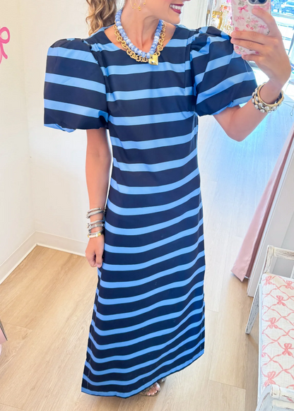 Navy Sky Stripe Puff Sleeve Maxi Dress