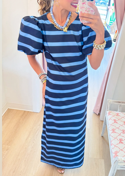 Navy Sky Stripe Puff Sleeve Maxi Dress