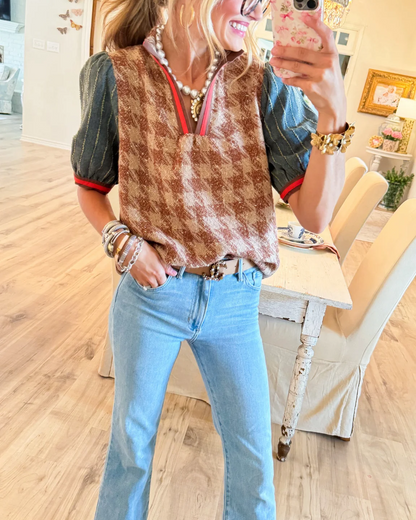The Hadley Vintage Contrast Puff-Sleeve Top