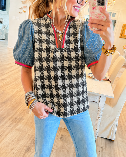 Mixed-Texture Houndstooth &amp; Washed Denim Puff-Sleeve Top
