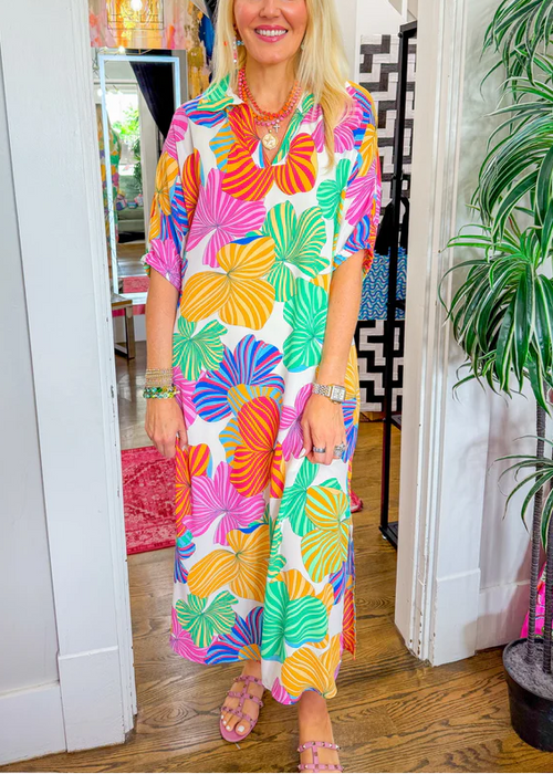 Retro Abstract Floral V-Neck Maxi Kaftan Dress