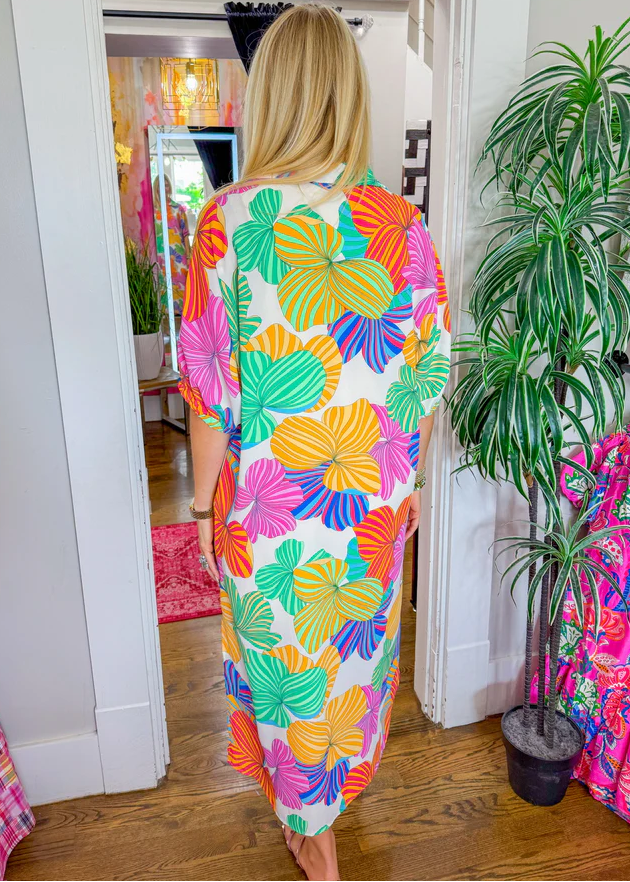 Retro Abstract Floral V-Neck Maxi Kaftan Dress