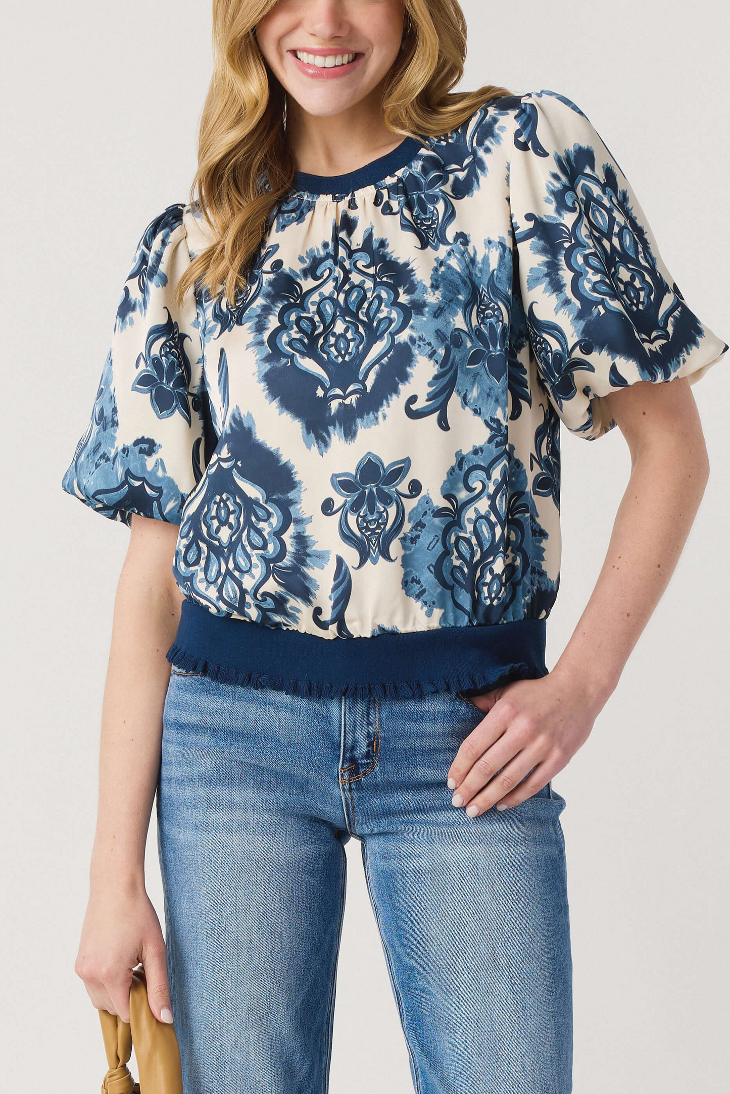 Mediterranean Bloom Puff-Sleeve Blouse