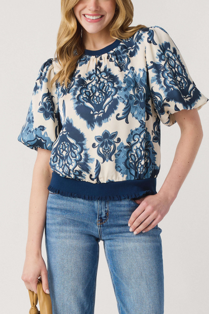 Mediterranean Bloom Puff-Sleeve Blouse