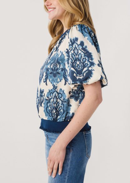 Mediterranean Bloom Puff-Sleeve Blouse