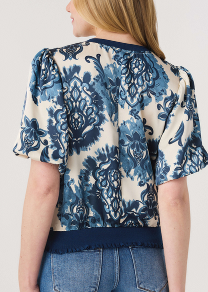 Mediterranean Bloom Puff-Sleeve Blouse
