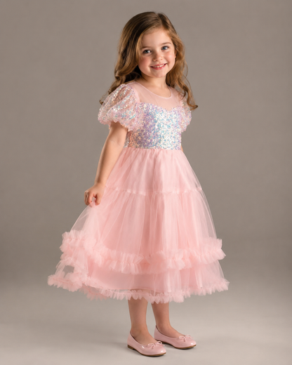 Shimmering Pearl Pink Sequin Tulle Dress